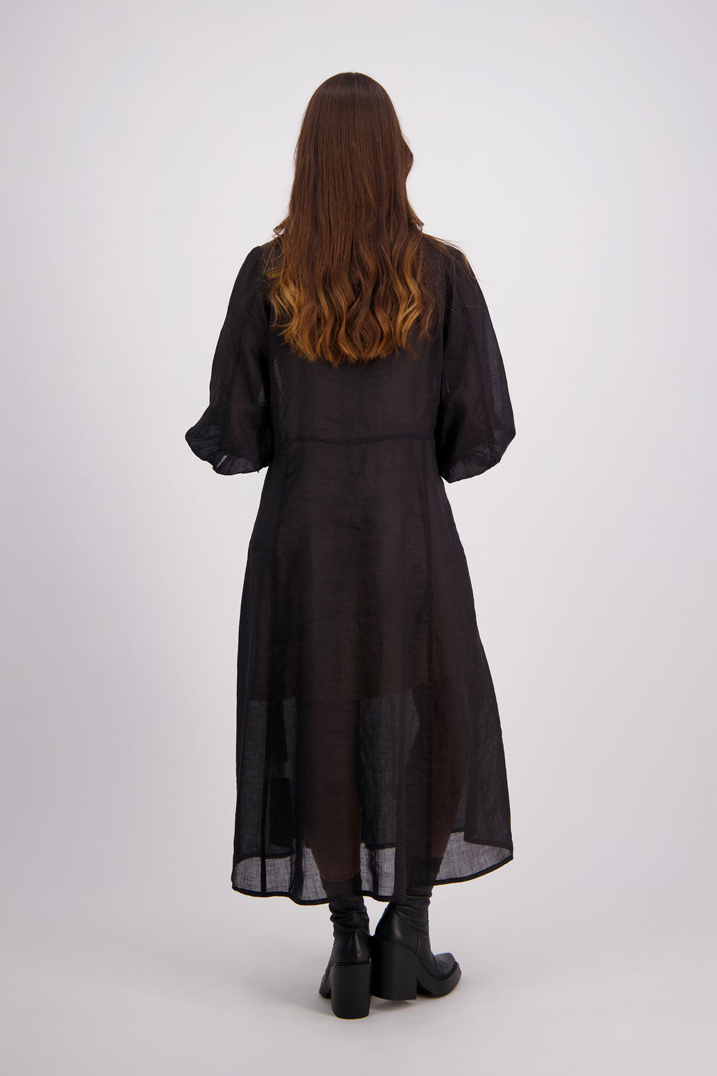 Briarwood Ramie Shirt Dress with long sleeves, hidden button front and maxi length. Hollie Black
