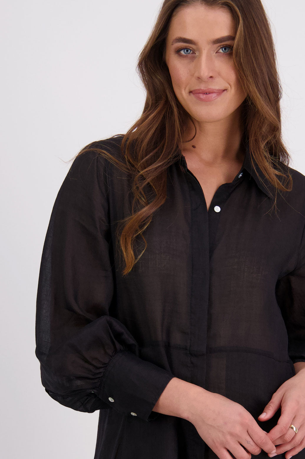 Briarwood Ramie Shirt Dress with long sleeves, hidden button front and maxi length. Hollie Black