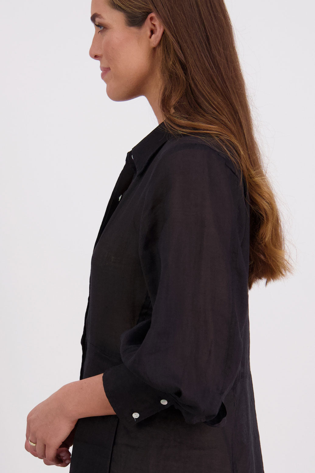 Briarwood Ramie Shirt Dress with long sleeves, hidden button front and maxi length. Hollie Black