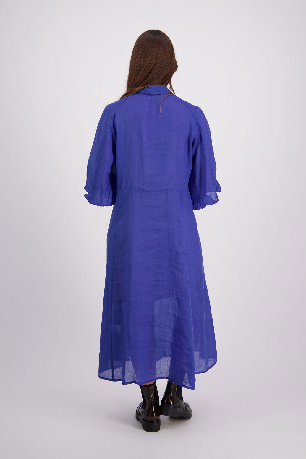 Briarwood Ramie Shirt Dress with long sleeves, hidden button front and maxi length. Hollie Bright Blue