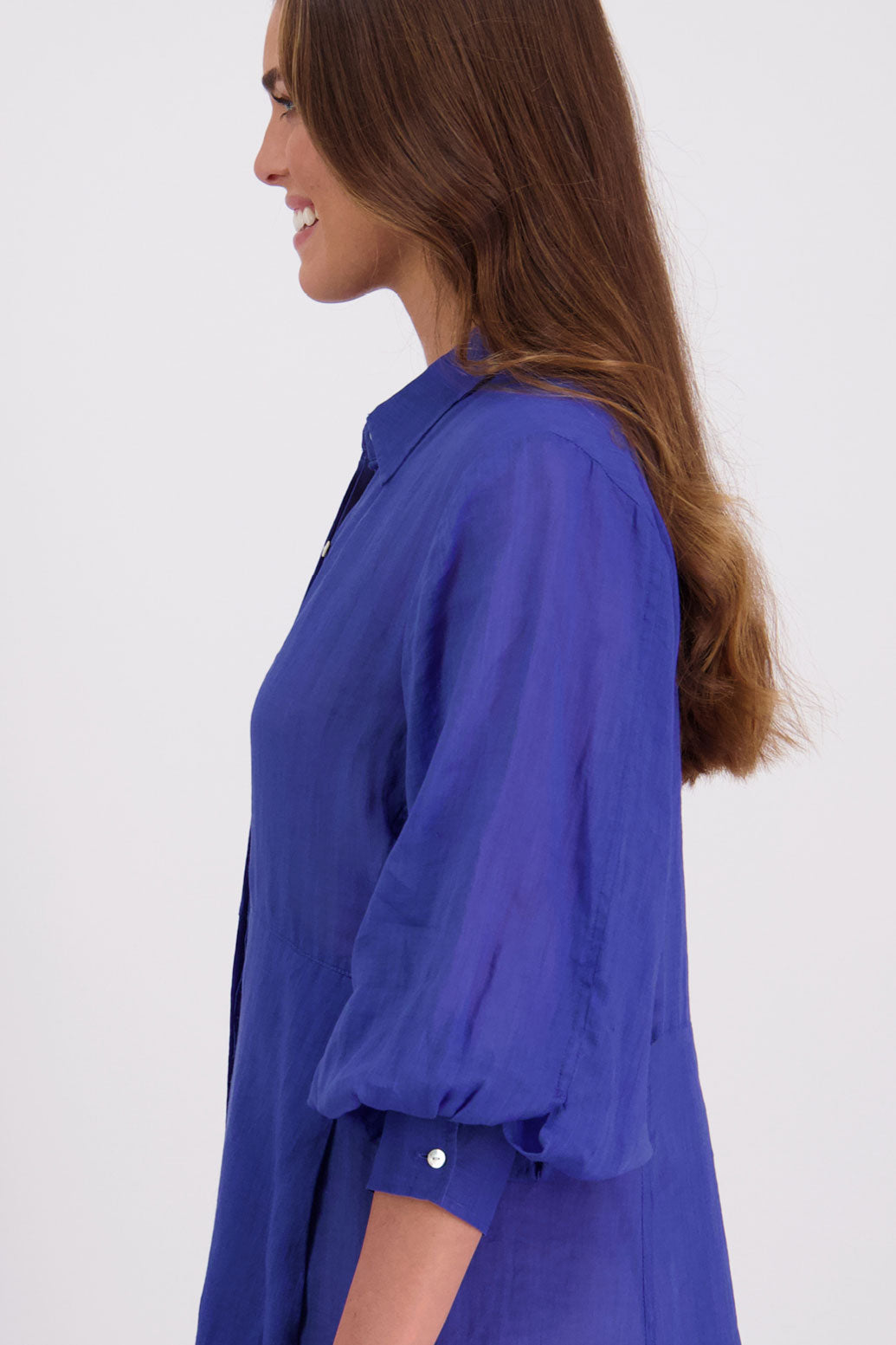 Briarwood Ramie Shirt Dress with long sleeves, hidden button front and maxi length. Hollie Bright Blue
