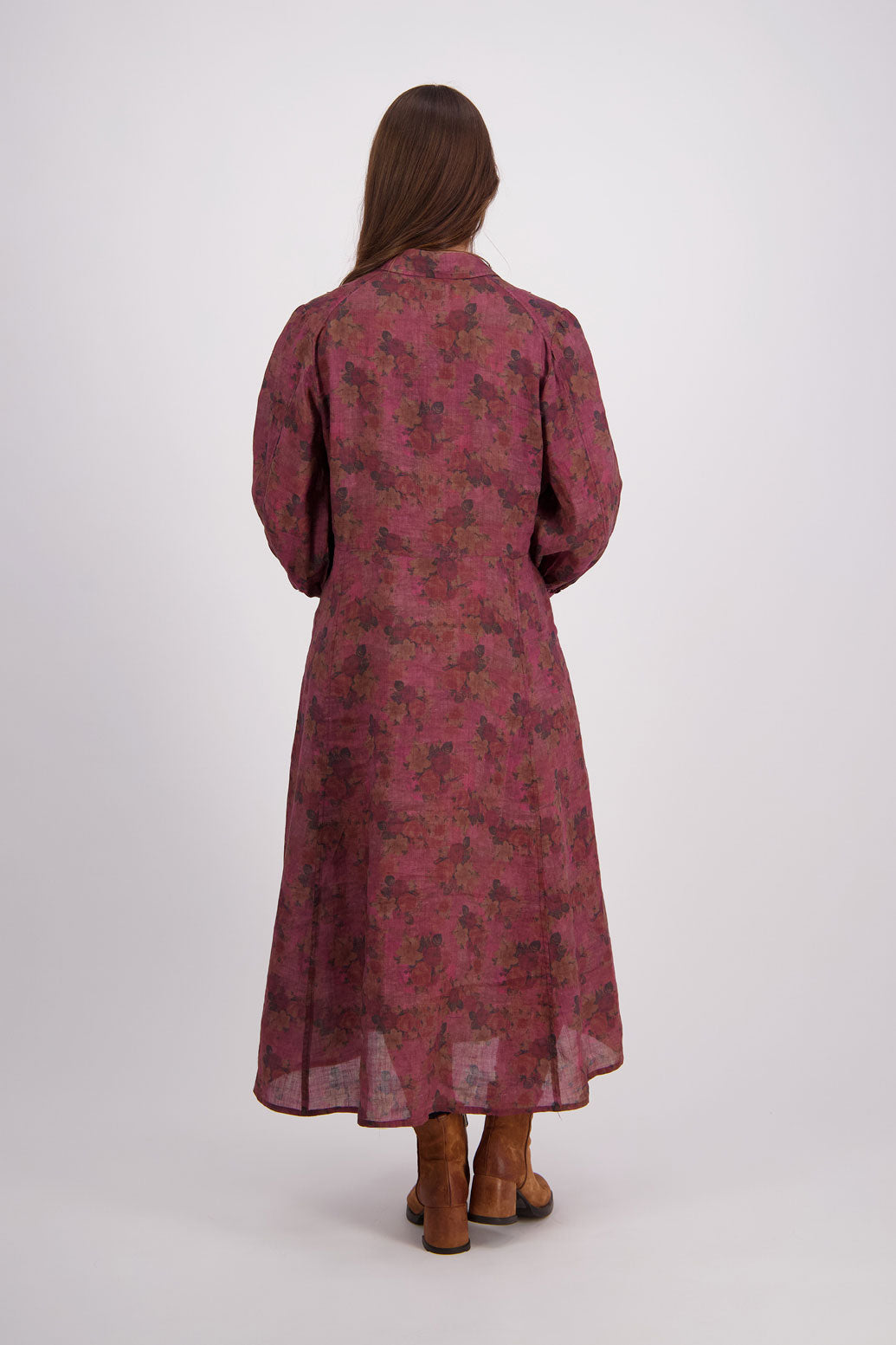 Briarwood Ramie Shirt Dress with long sleeves, hidden button front and maxi length. Hollie Plum Floral
