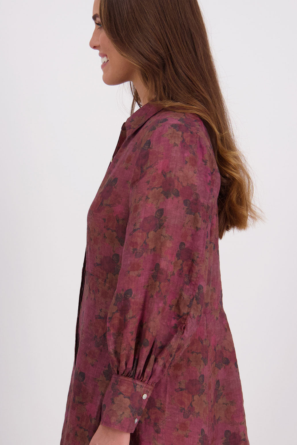 Briarwood Ramie Shirt Dress with long sleeves, hidden button front and maxi length. Hollie Plum Floral