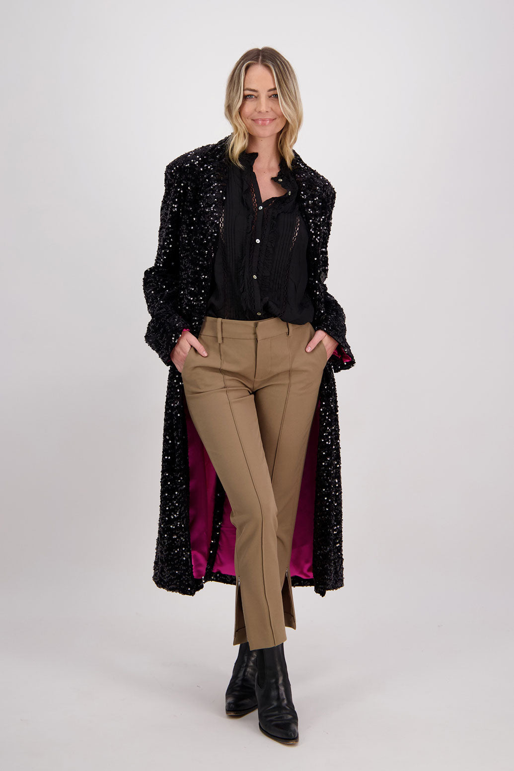 Briarwood classic sequin longline coat with fuchsia lining. Hunter