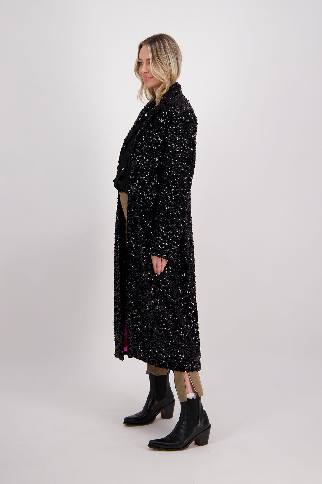 Briarwood classic sequin longline coat with fuchsia lining. Hunter