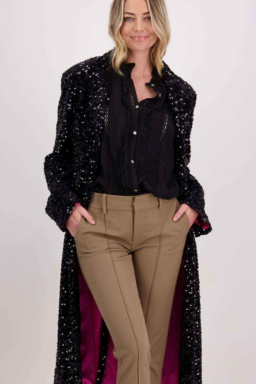 Briarwood classic sequin longline coat with fuchsia lining. Hunter