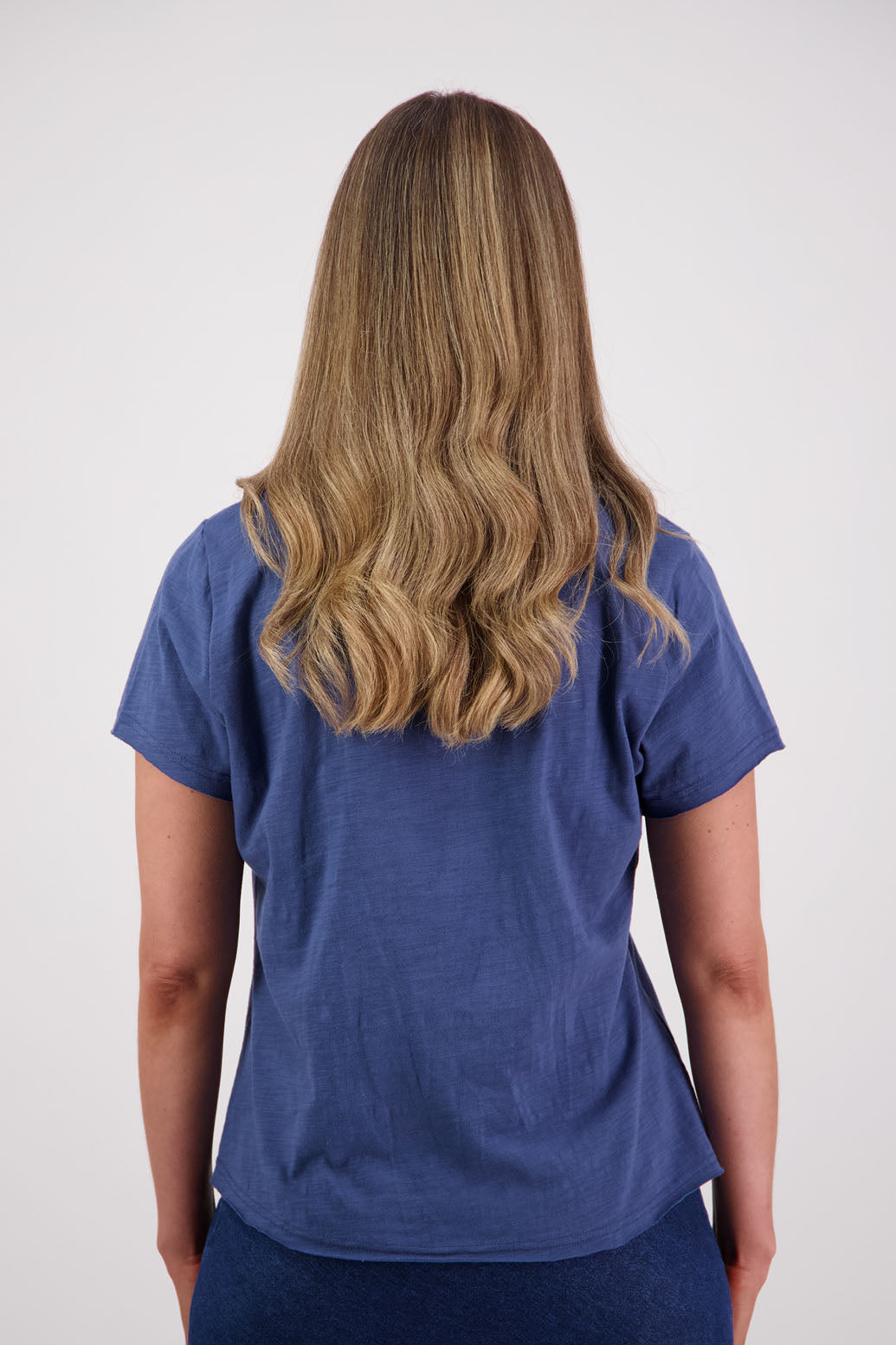 Womens cotton tshirt with short sleeves, v neck and slightly shaped. Briarwood NZ. Jena, Denim Blue