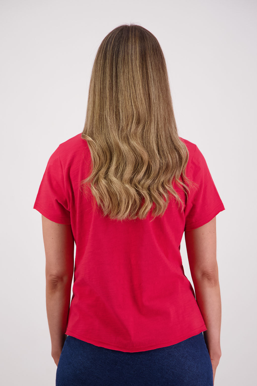 Womens cotton tshirt with short sleeves, v neck and slightly shaped. Briarwood NZ. Jena, Red