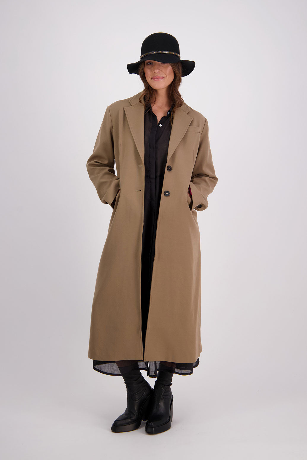 Briarwood Ramie Shirt Dress with long sleeves, hidden button front and maxi length. Hollie Black