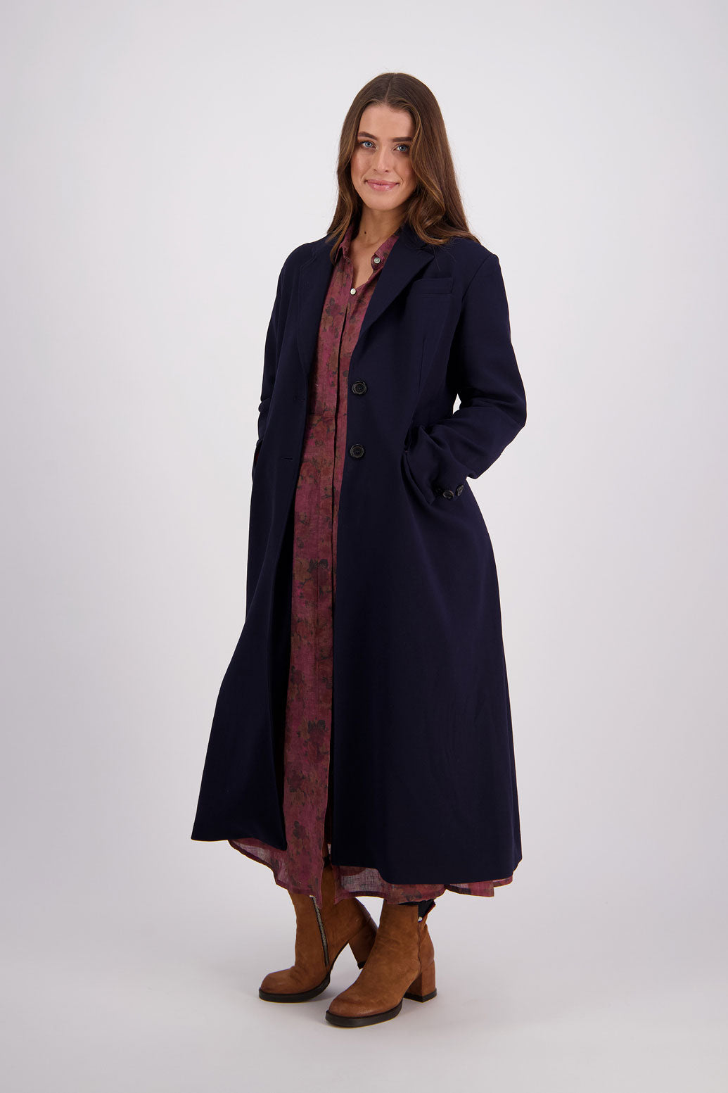 Briarwood Ramie Shirt Dress with long sleeves, hidden button front and maxi length. Hollie Plum Floral. Paired with Hannah Ink Coat