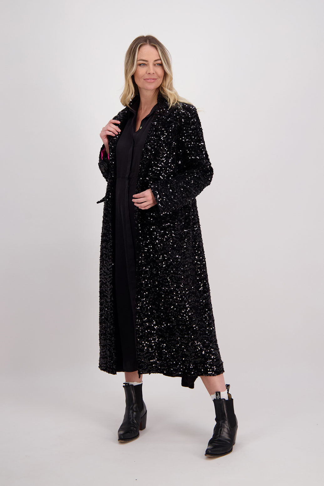Briarwood classic sequin longline coat with fuchsia lining. Hunter