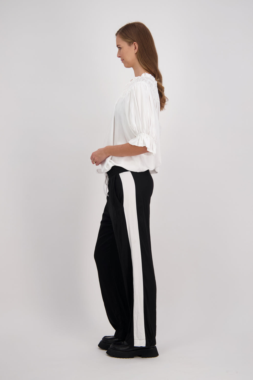 Black Briarwood wide leg pant with White/Ivory stripe down leg. Madi