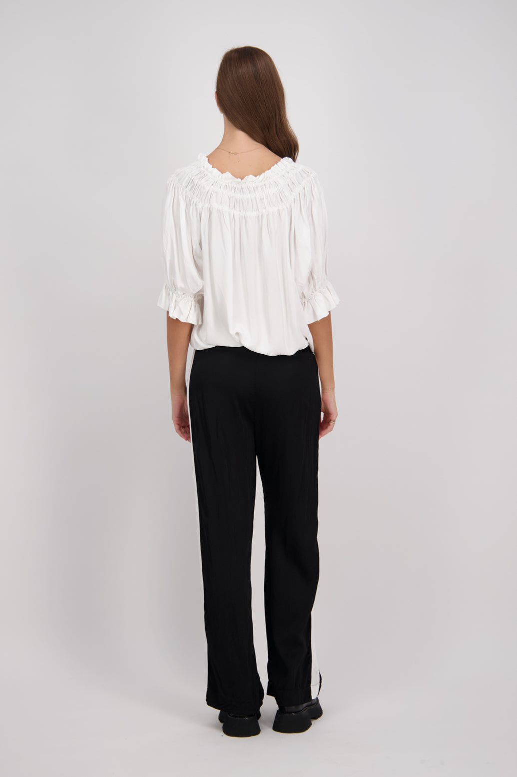 Black Briarwood wide leg pant with White/Ivory stripe down leg. Madi