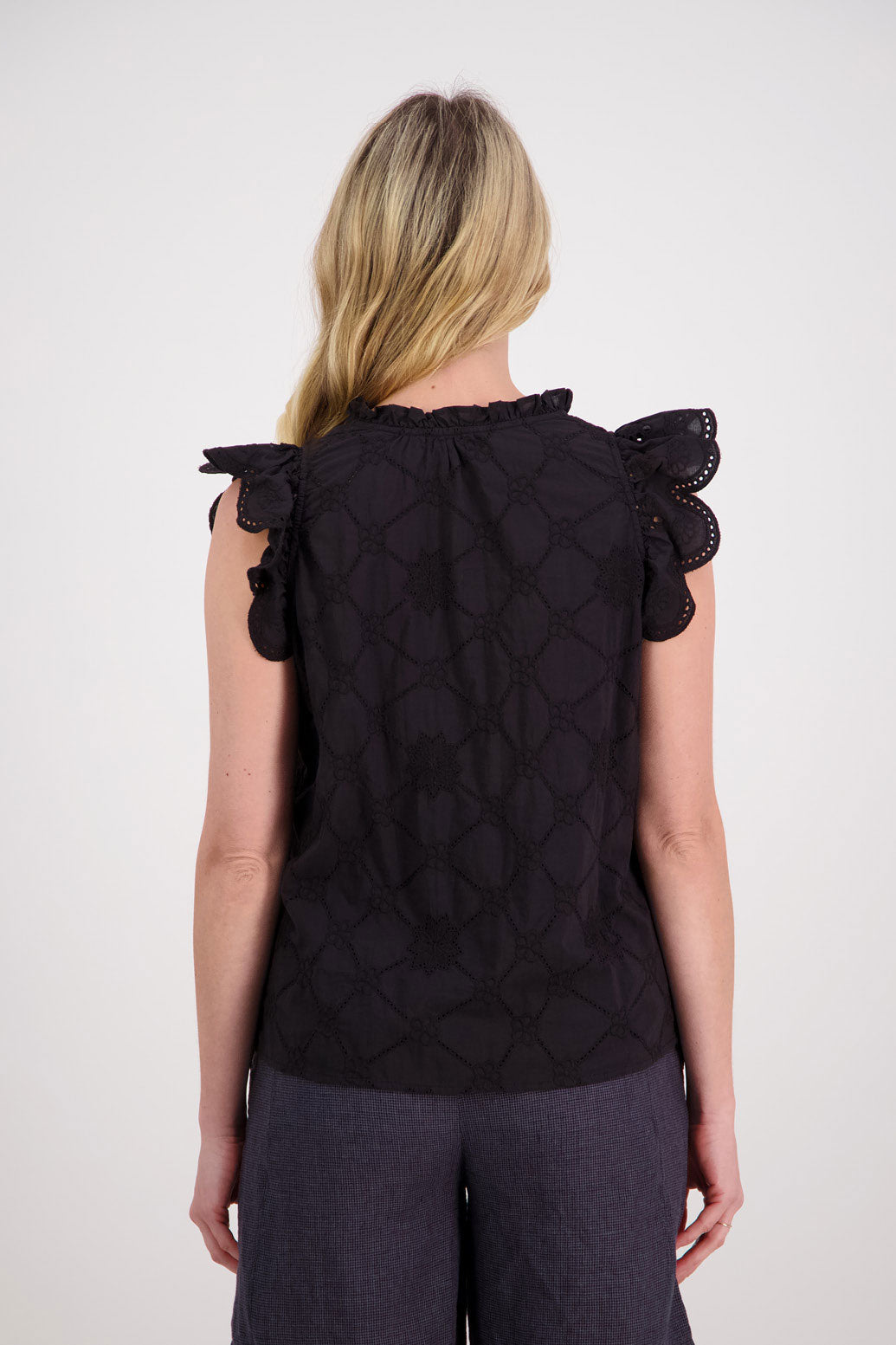 Page Womens Black Embroidery Anglaise Top With Ruffle Sleeves. Slight ruffle around the neck and slightly longer at the back.