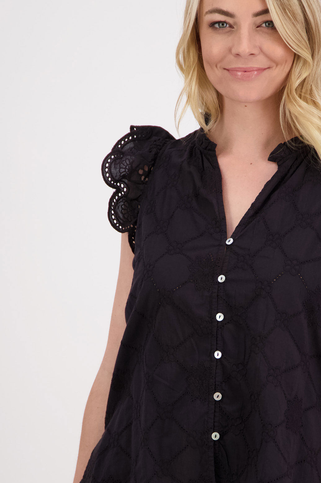Page Womens Black Embroidery Anglaise Top With Ruffle Sleeves. Slight ruffle around the neck and slightly longer at the back.