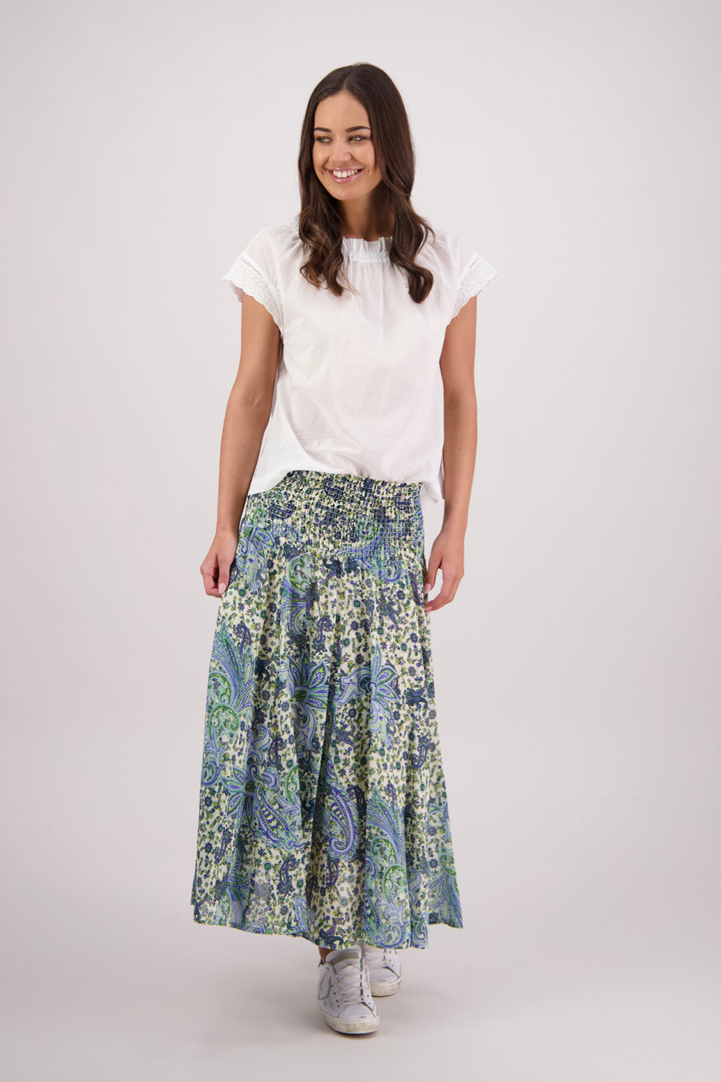Briarwood Pandora Skirt in Blue Paisley print, 100% Ramie.