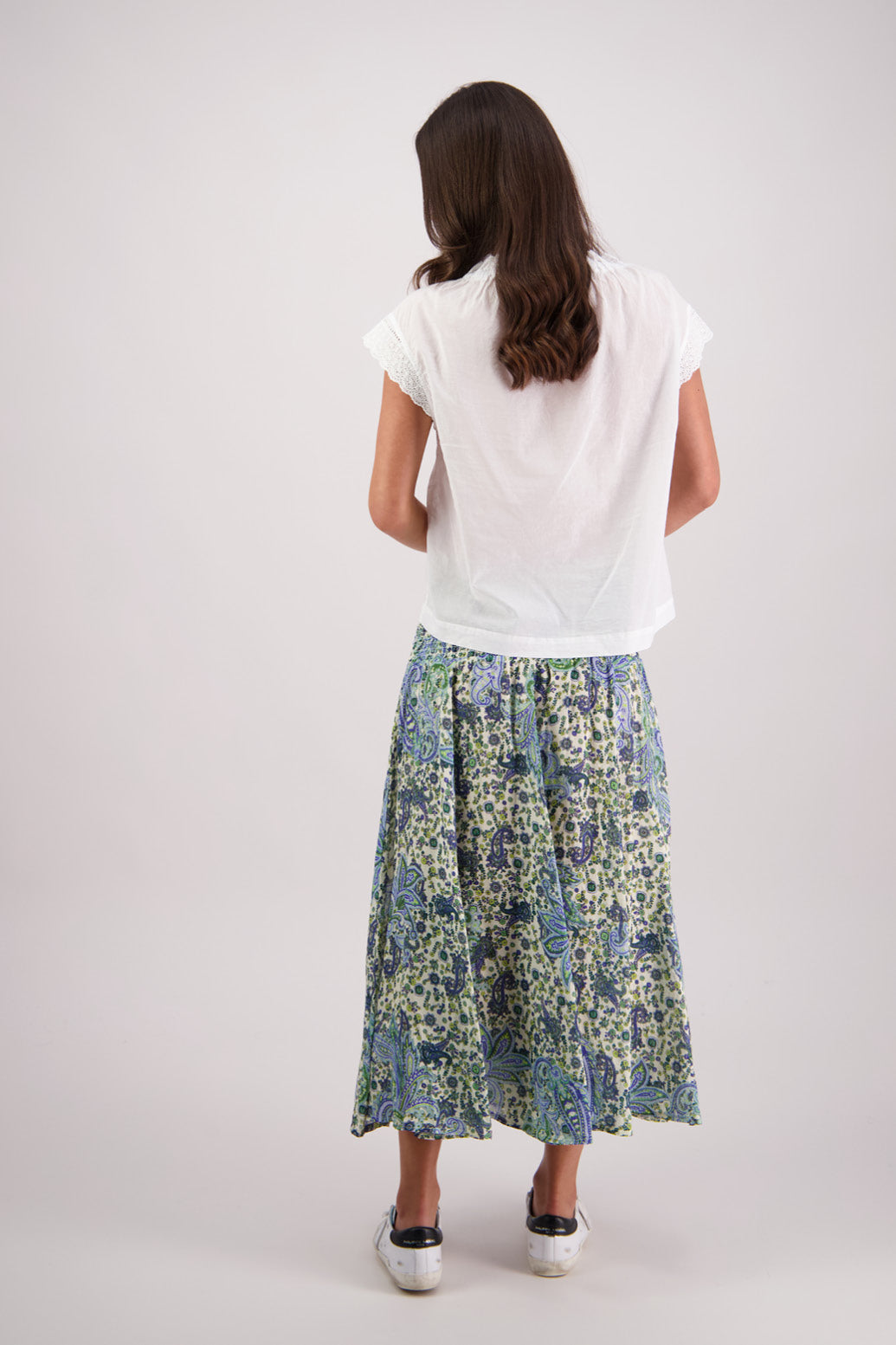 Back view of Briarwood Pandora Skirt in Blue Paisley print.