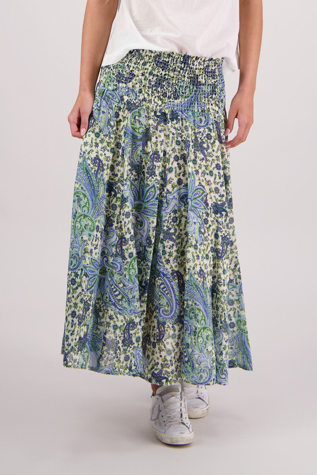 Close up of front view of Briarwood Pandora Skirt in Blue Paisley print.