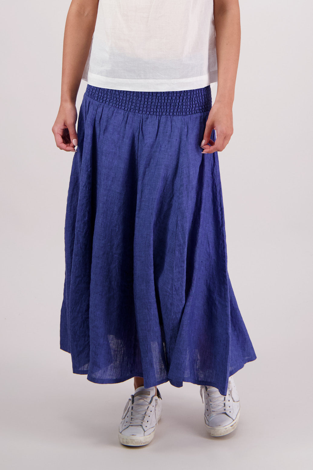 Closeup front view of Briarwood Pandora Skirt in Blue.