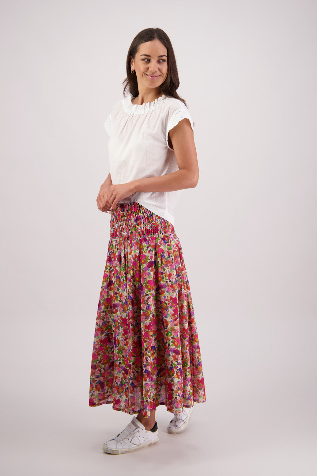 Side view of Briarwood Pandora Skirt in Bright Floral print.