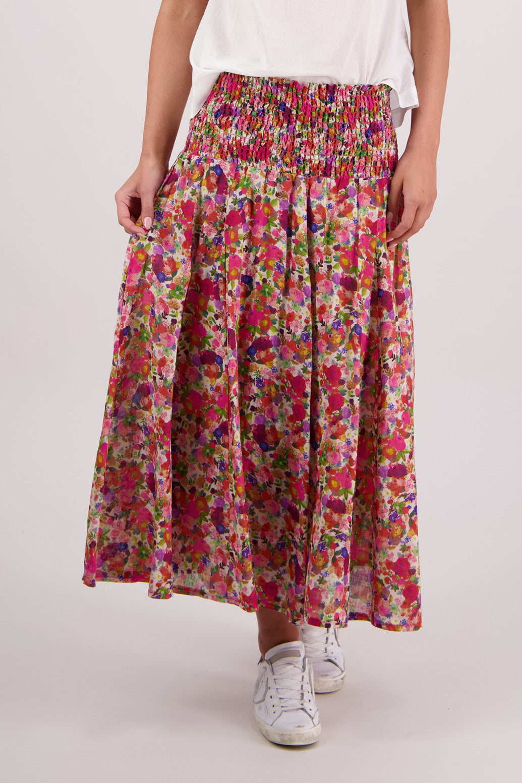 Close up of front view of Briarwood Pandora Skirt in Bright Floral print.