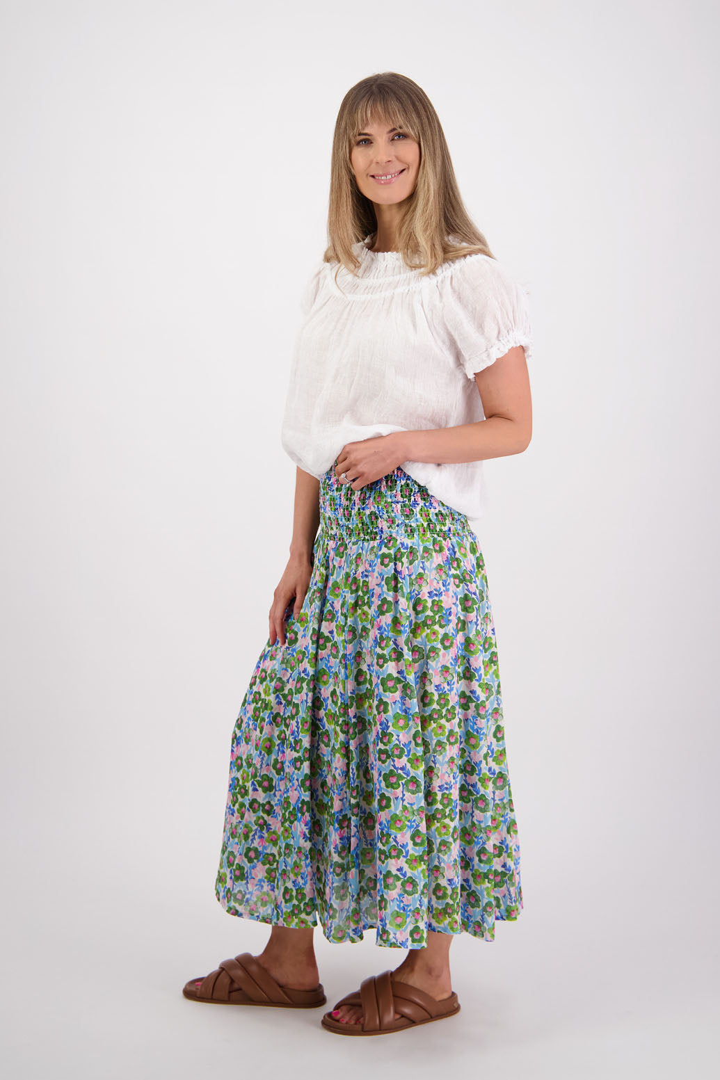 Ramie shirred waist skirt, lined, long length. Briarwood NZ. Pandora, Daisy Print
