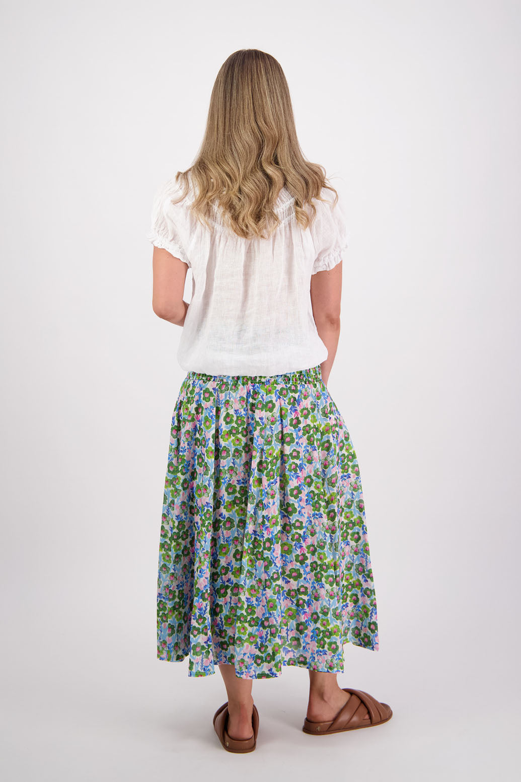 Ramie shirred waist skirt, lined, long length. Briarwood NZ. Pandora, Daisy Print