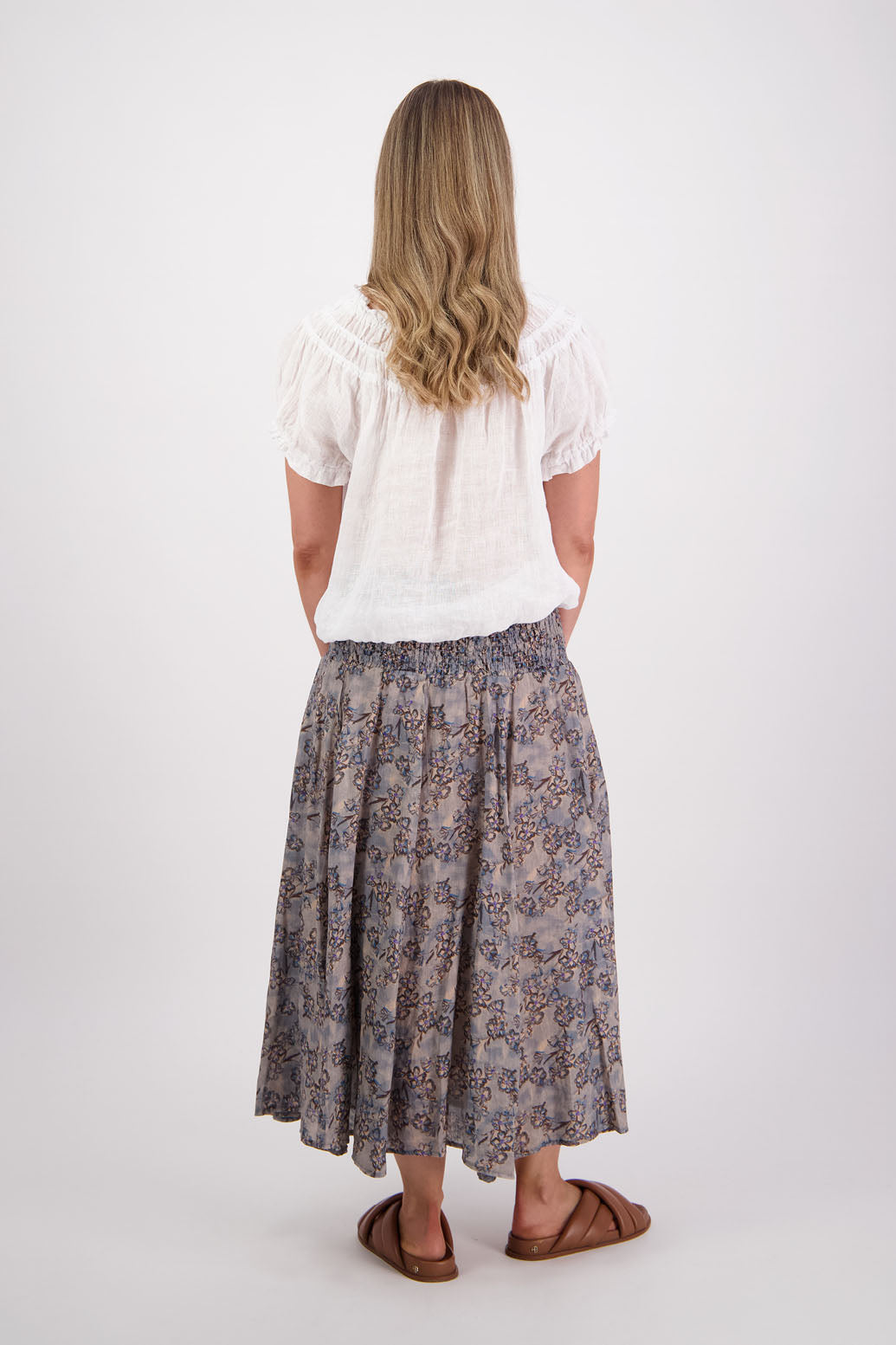 Ramie shirred waist skirt, lined, long length. Briarwood NZ. Pandora, Denim Daisy Print