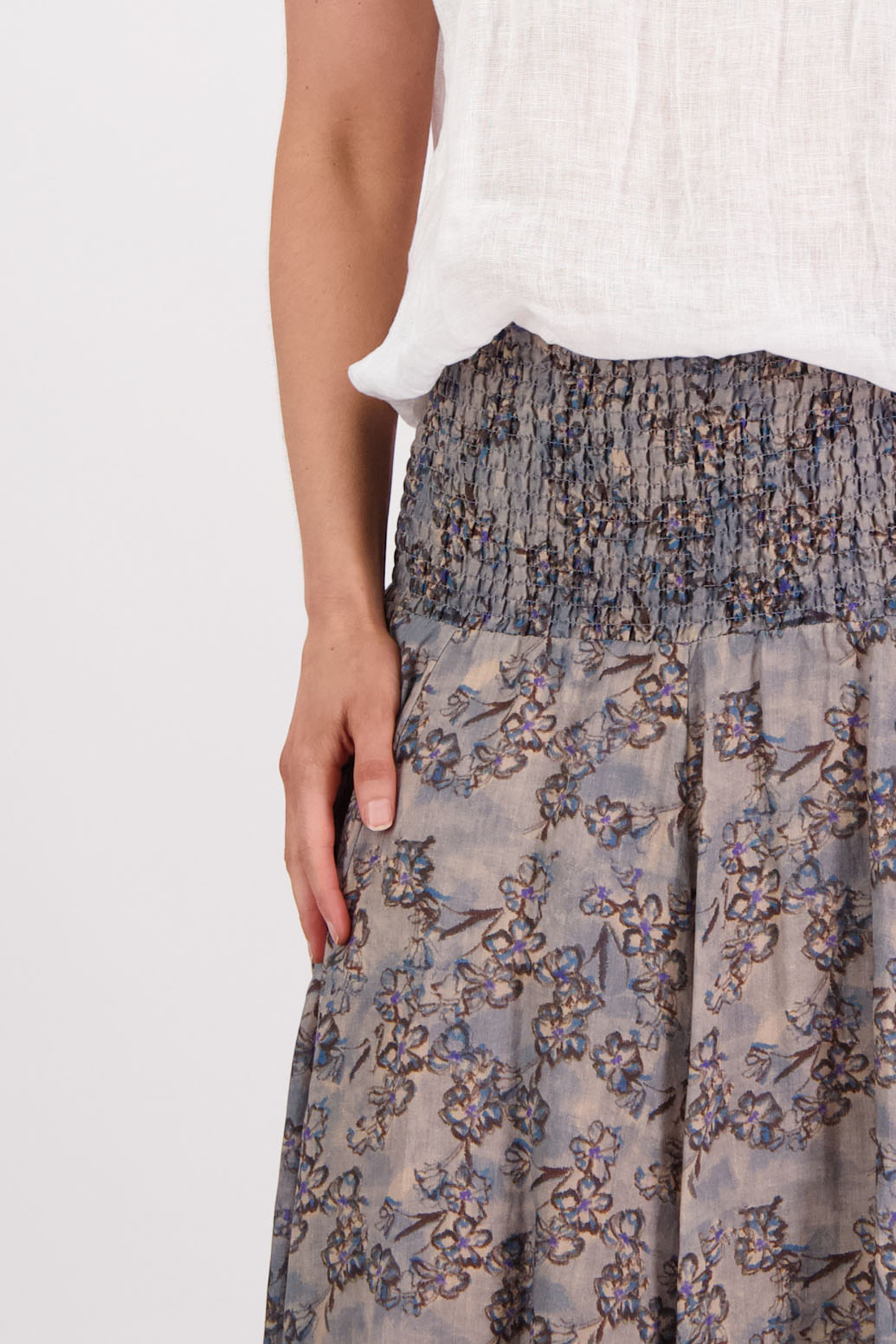 Ramie shirred waist skirt, lined, long length. Briarwood NZ. Pandora, Denim Daisy Print