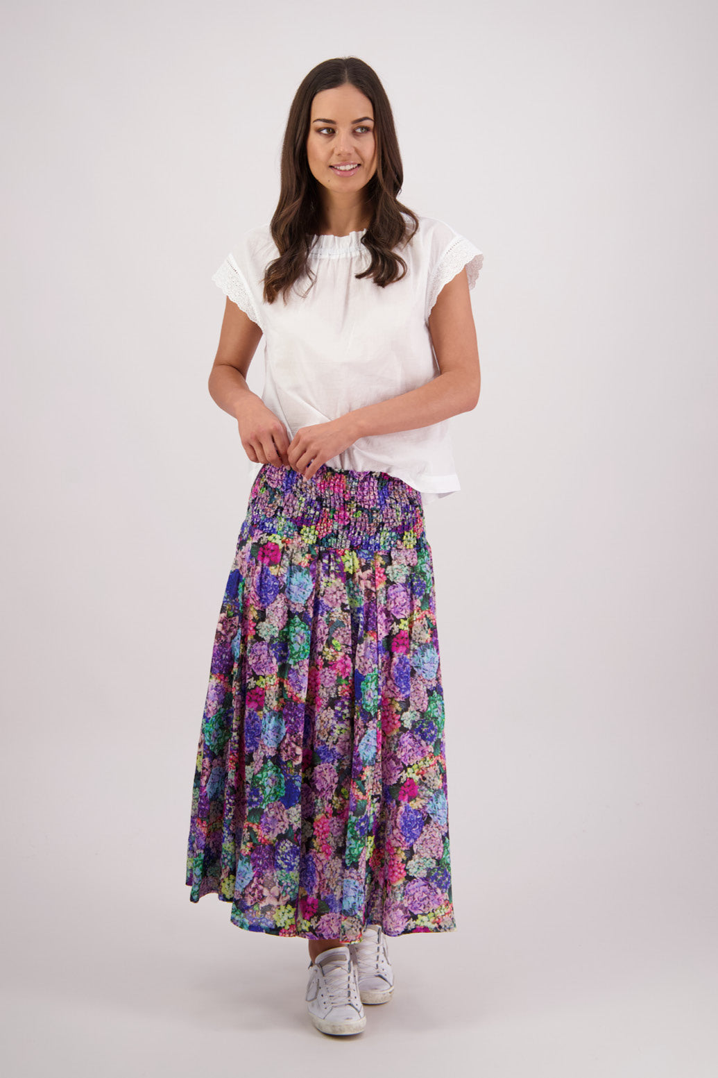 Briarwood Pandora Skirt in Hydrangea print, 100% Ramie.