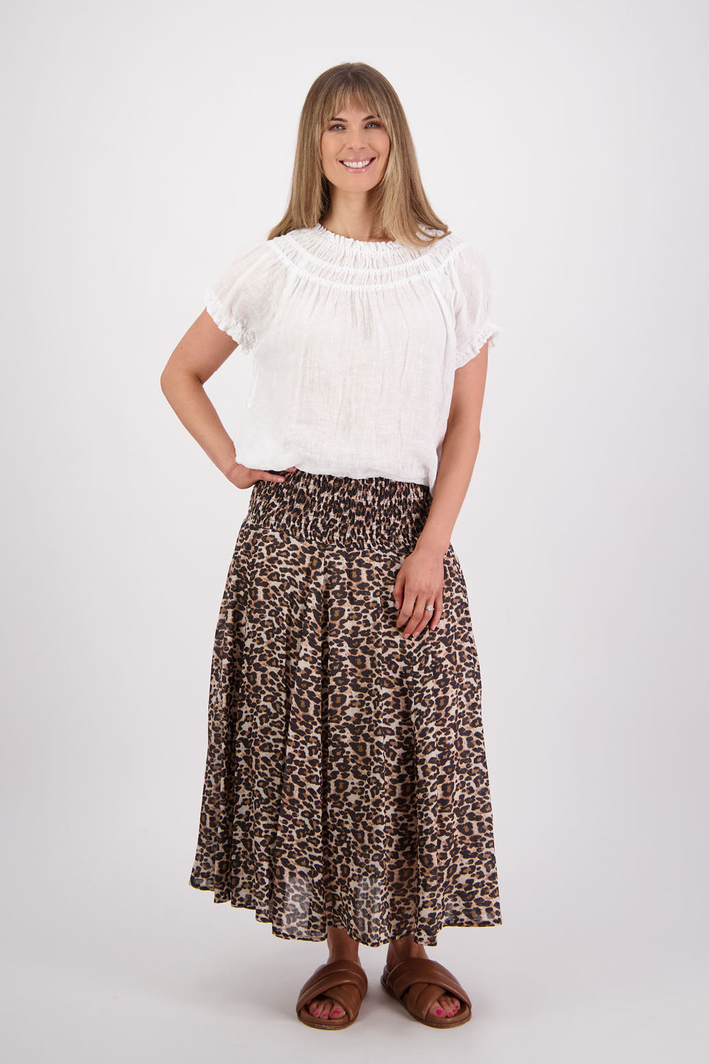 Ramie shirred waist skirt, lined, long length. Briarwood NZ. Pandora, Leopard Print