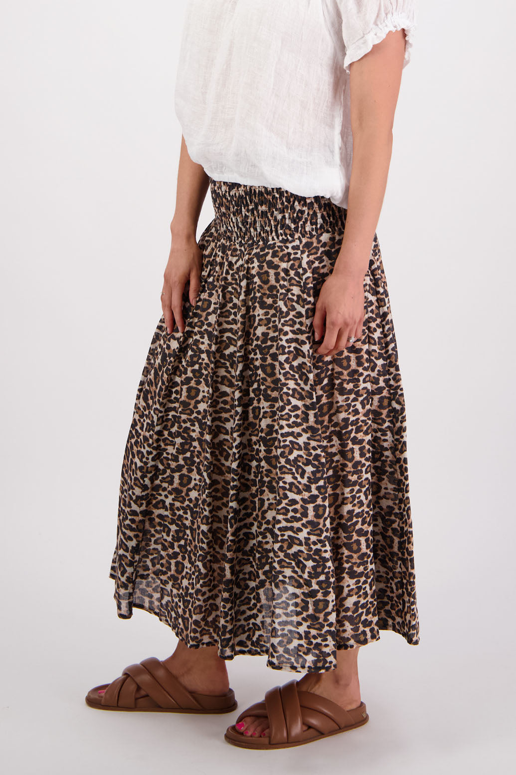 Ramie shirred waist skirt, lined, long length. Briarwood NZ. Pandora, Leopard Print