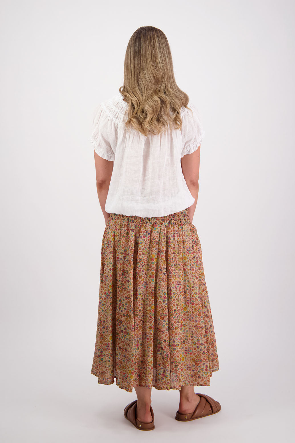 Ramie shirred waist skirt, lined, long length. Briarwood NZ. Pandora, Little Leaf Print