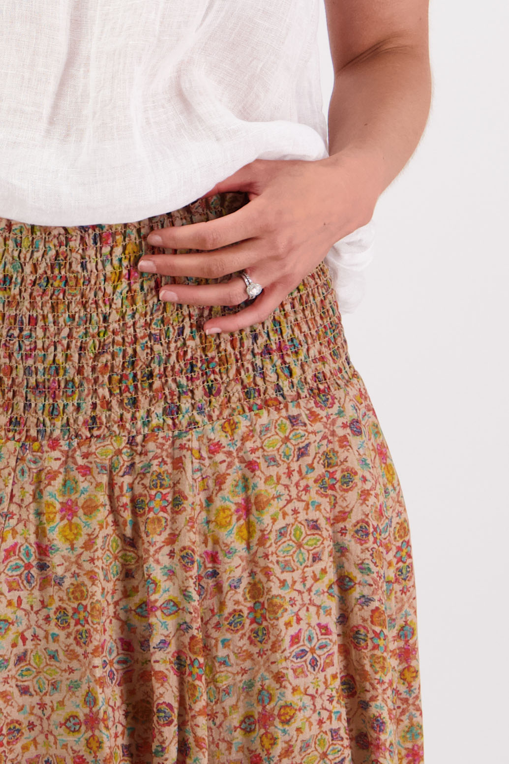 Ramie shirred waist skirt, lined, long length. Briarwood NZ. Pandora, Little Leaf Print