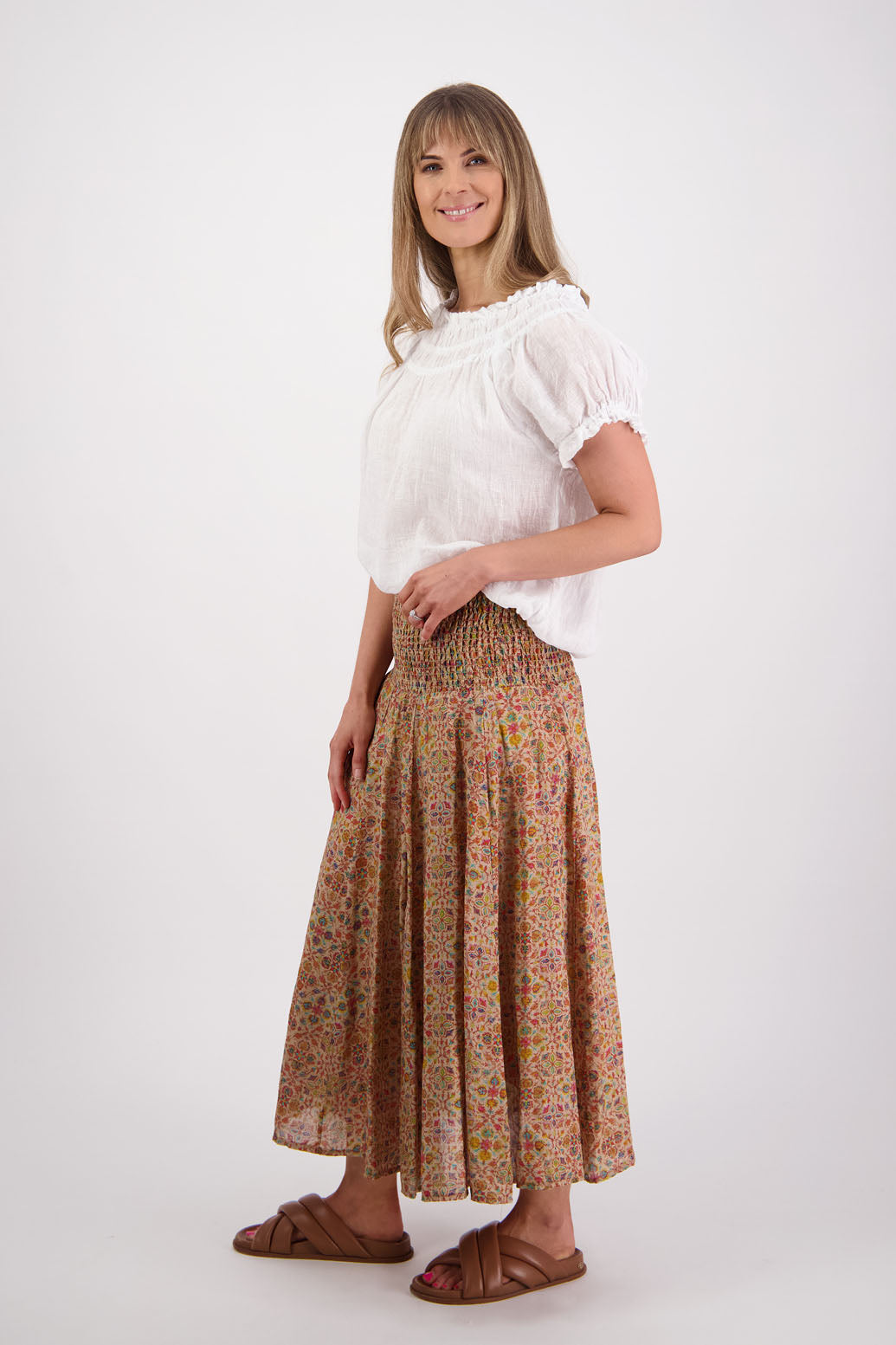 Ramie shirred waist skirt, lined, long length. Briarwood NZ. Pandora, Little Leaf Print