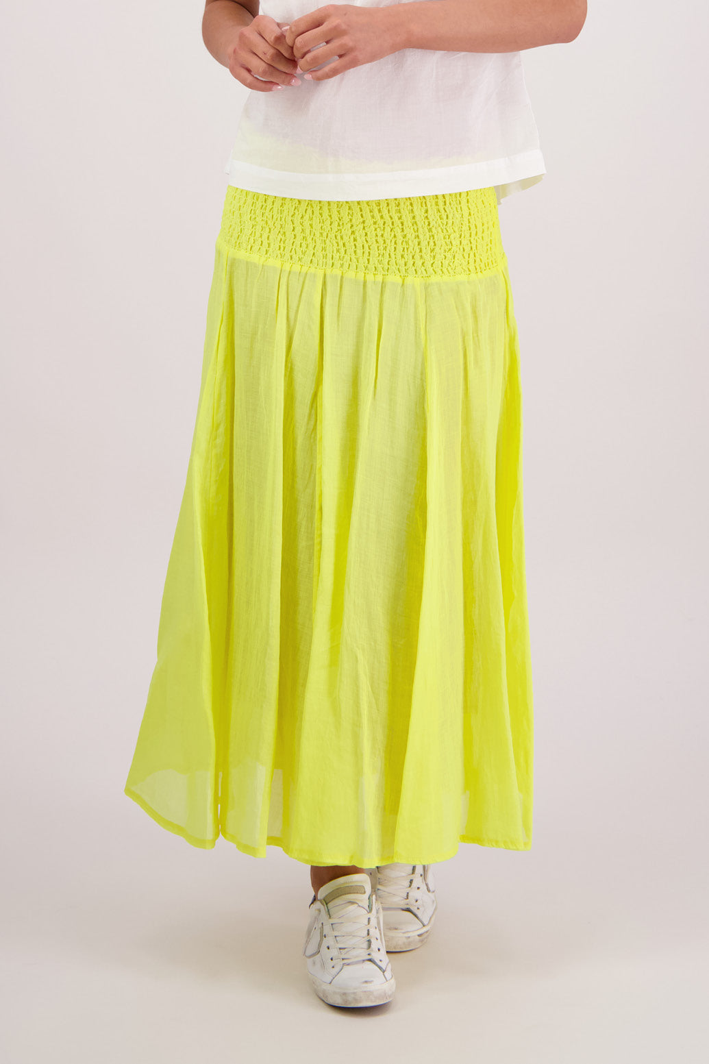 Closeup front view Briarwood Pandora Skirt in Yellow.