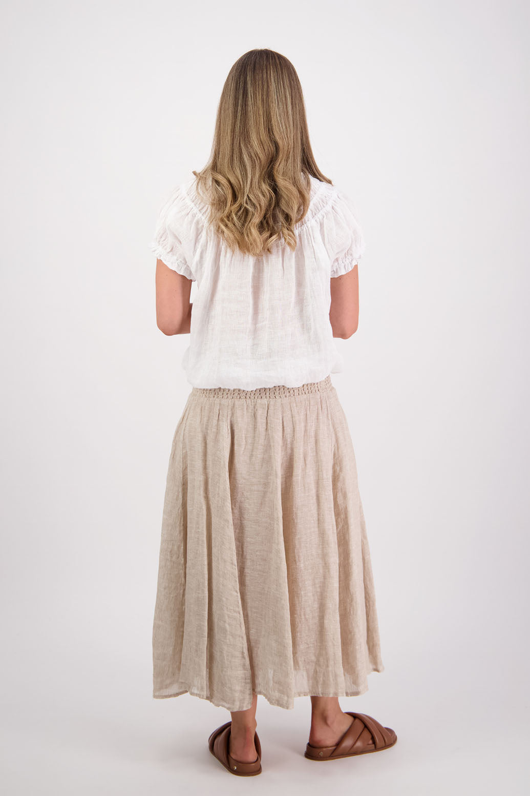 Womens Linen Maxi Skirt with Shirred Waist and Lining. Briarwood NZ. Parson, Natural
