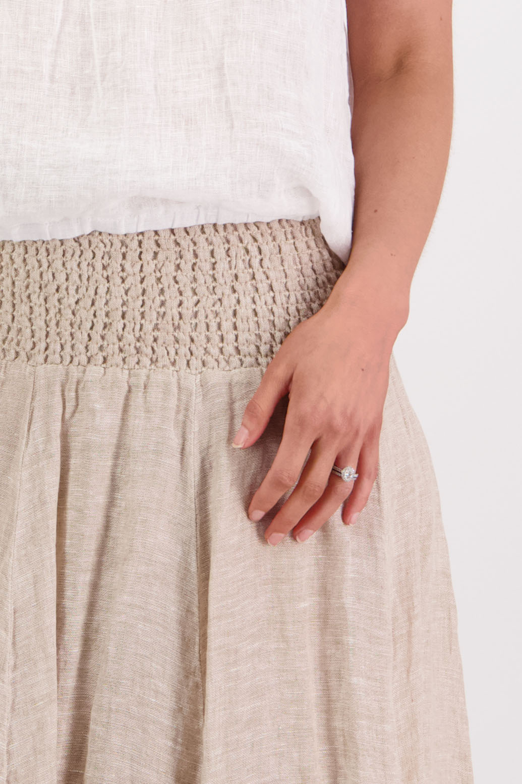 Womens Linen Maxi Skirt with Shirred Waist and Lining. Briarwood NZ. Parson, Natural