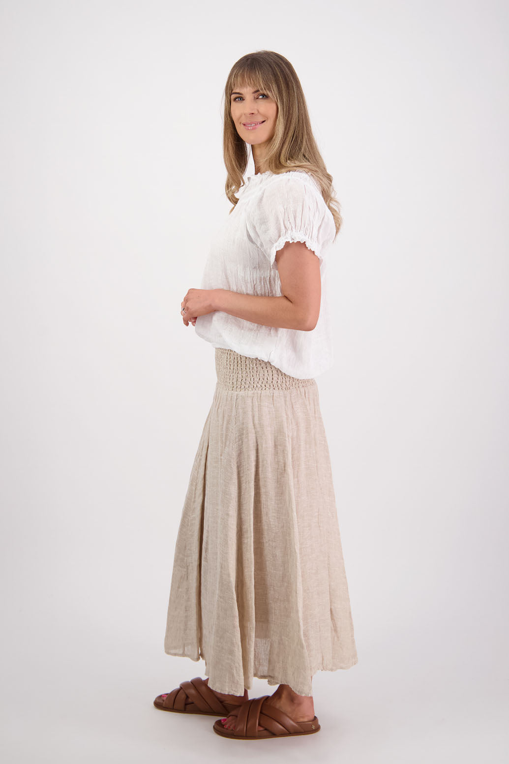 Womens Linen Maxi Skirt with Shirred Waist and Lining. Briarwood NZ. Parson, Natural