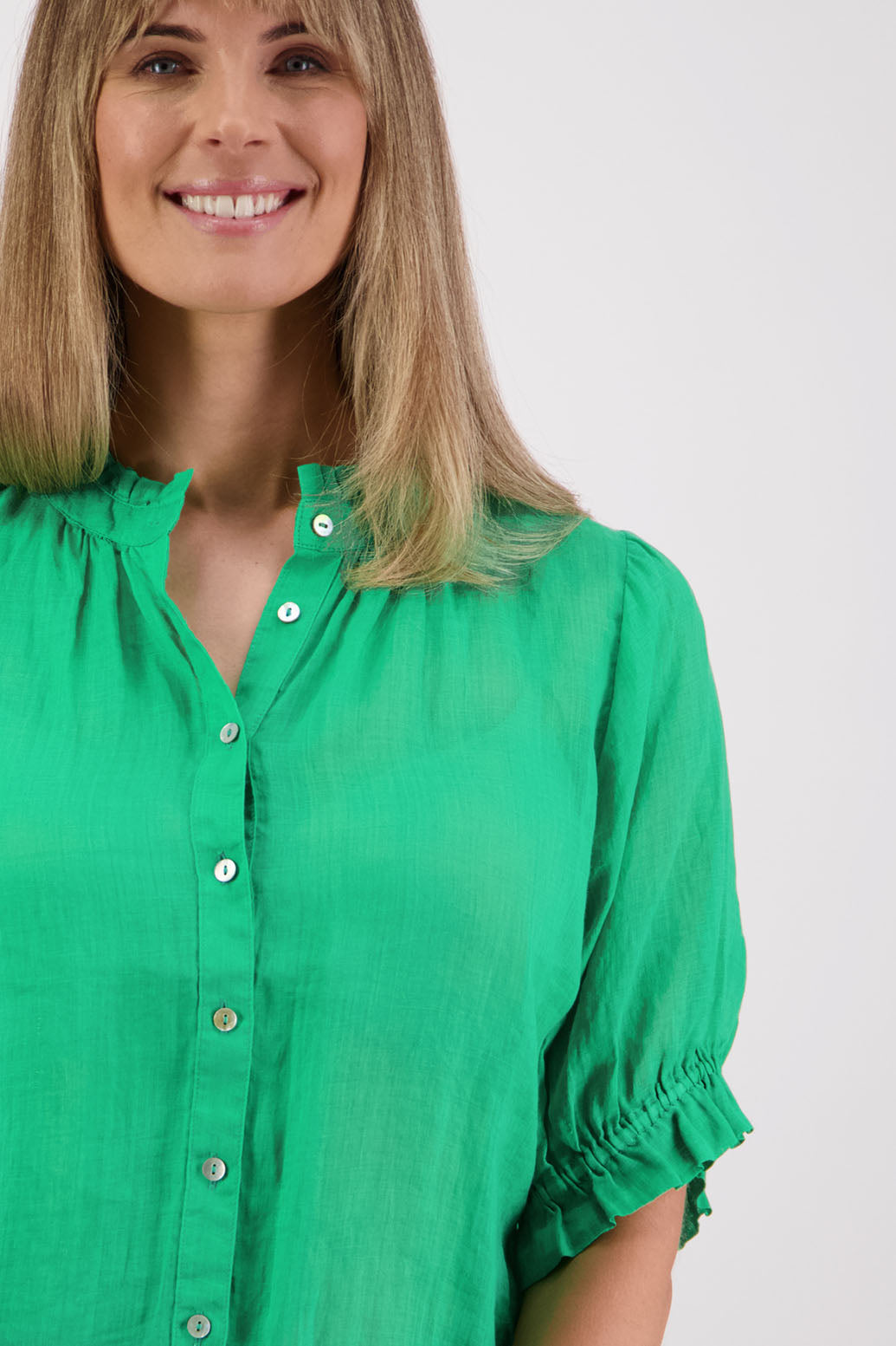 Womens Ramie Classic Short sleeves shirt with ruffles. Briarwood NZ. Pearly - Apple