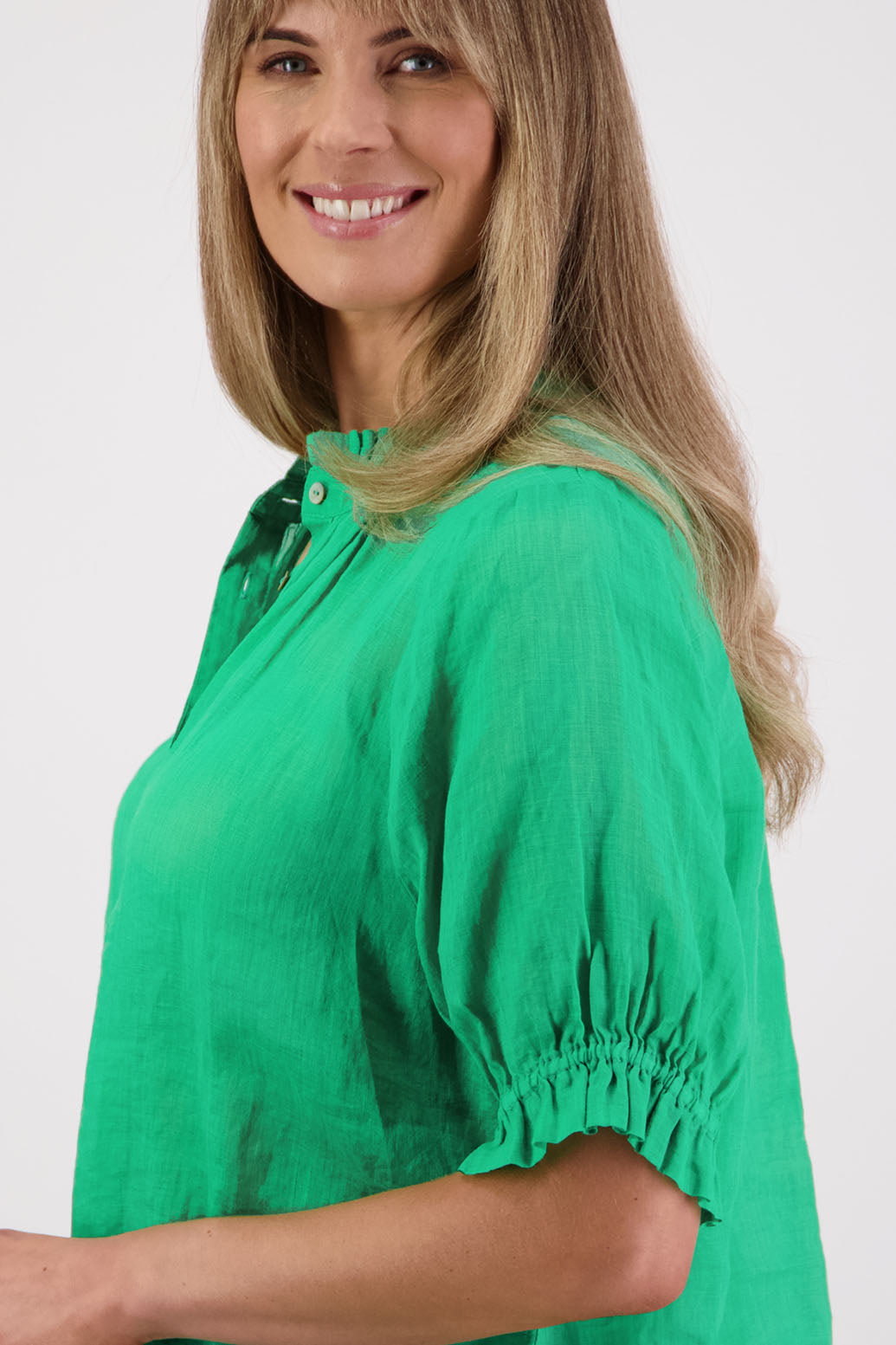 Womens Ramie Classic Short sleeves shirt with ruffles. Briarwood NZ. Pearly - Apple