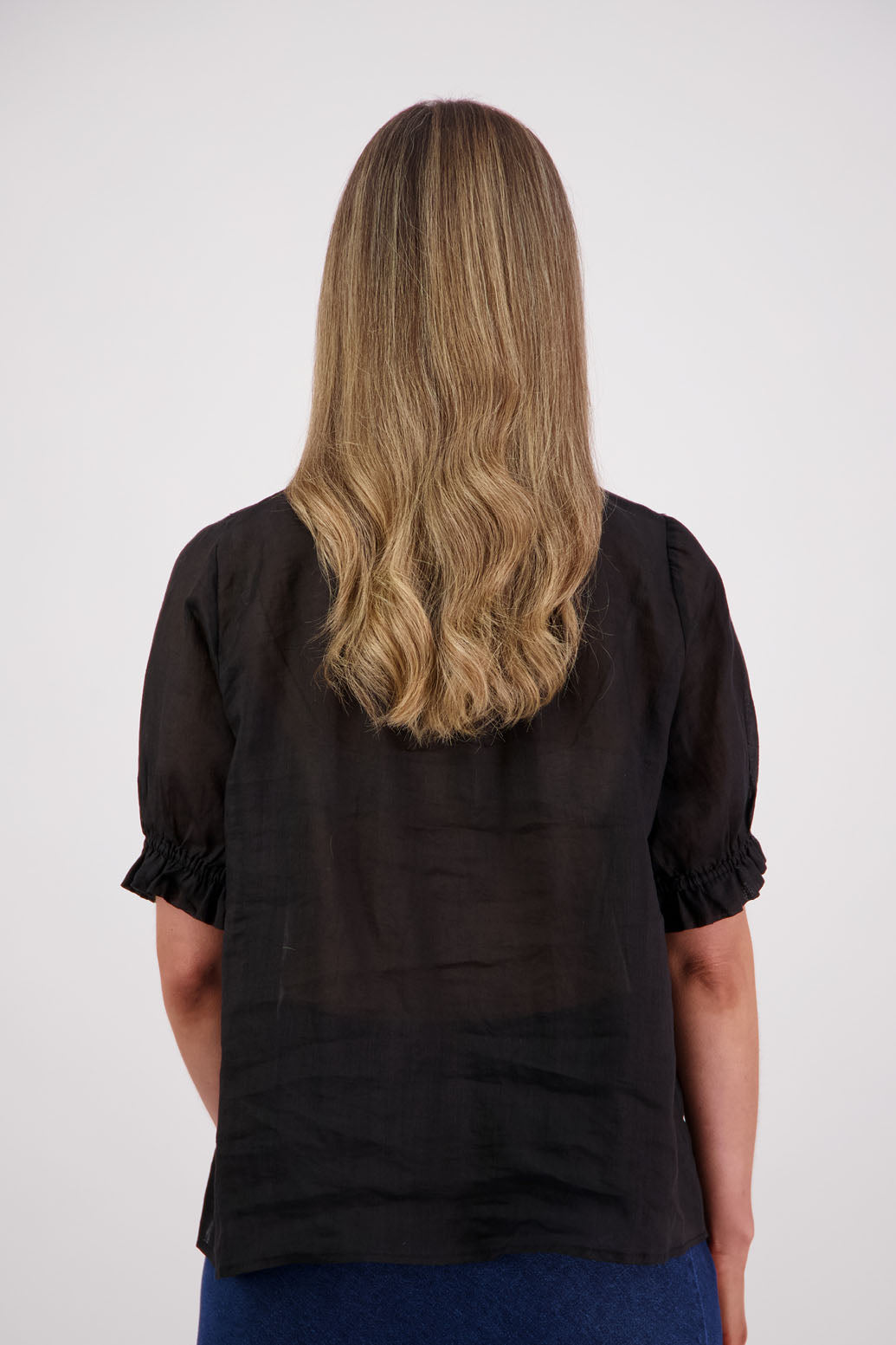 Womens Ramie Classic Short sleeves shirt with ruffles. Briarwood NZ. Pearly - Black