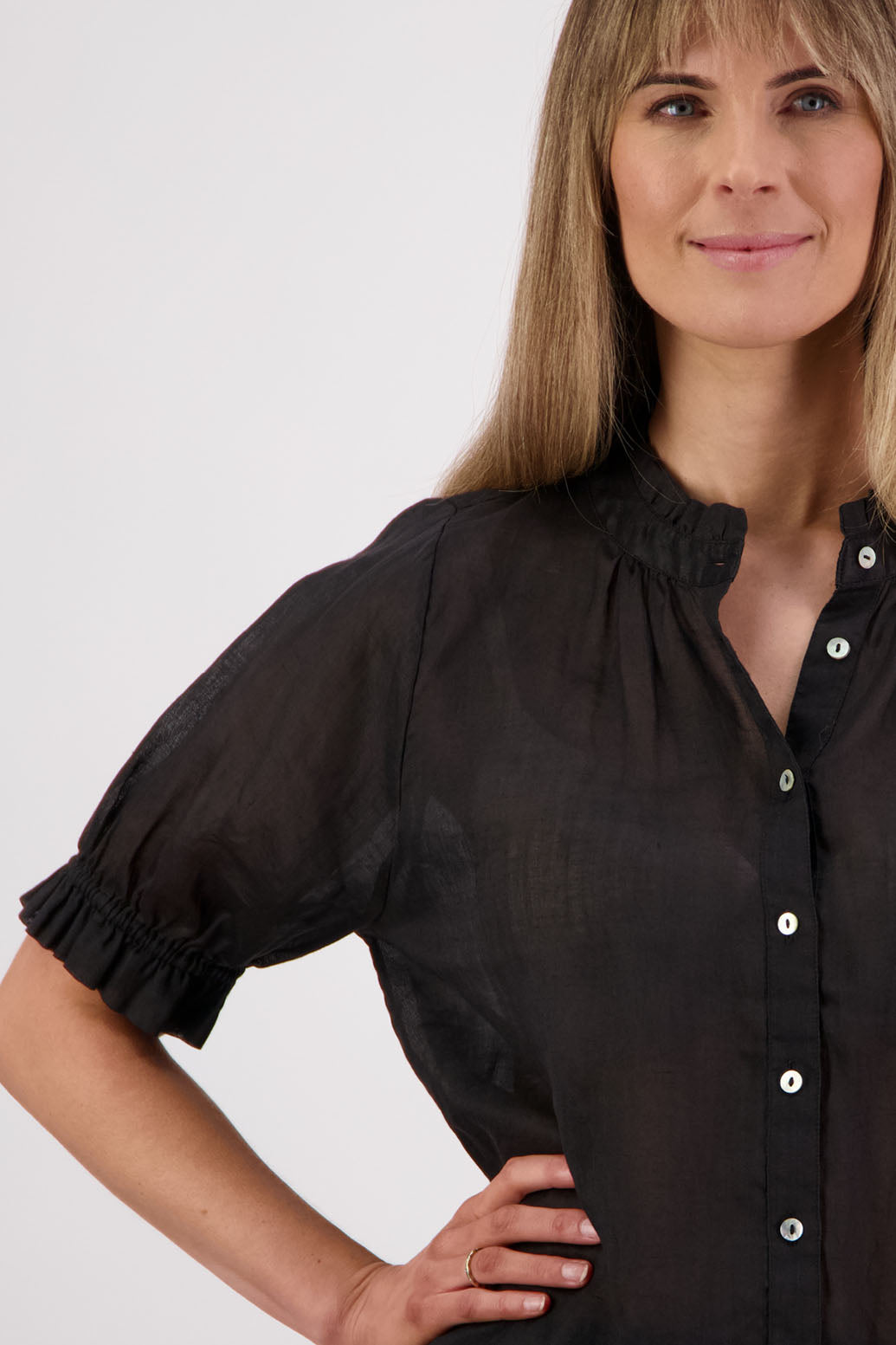 Womens Ramie Classic Short sleeves shirt with ruffles. Briarwood NZ. Pearly - Black
