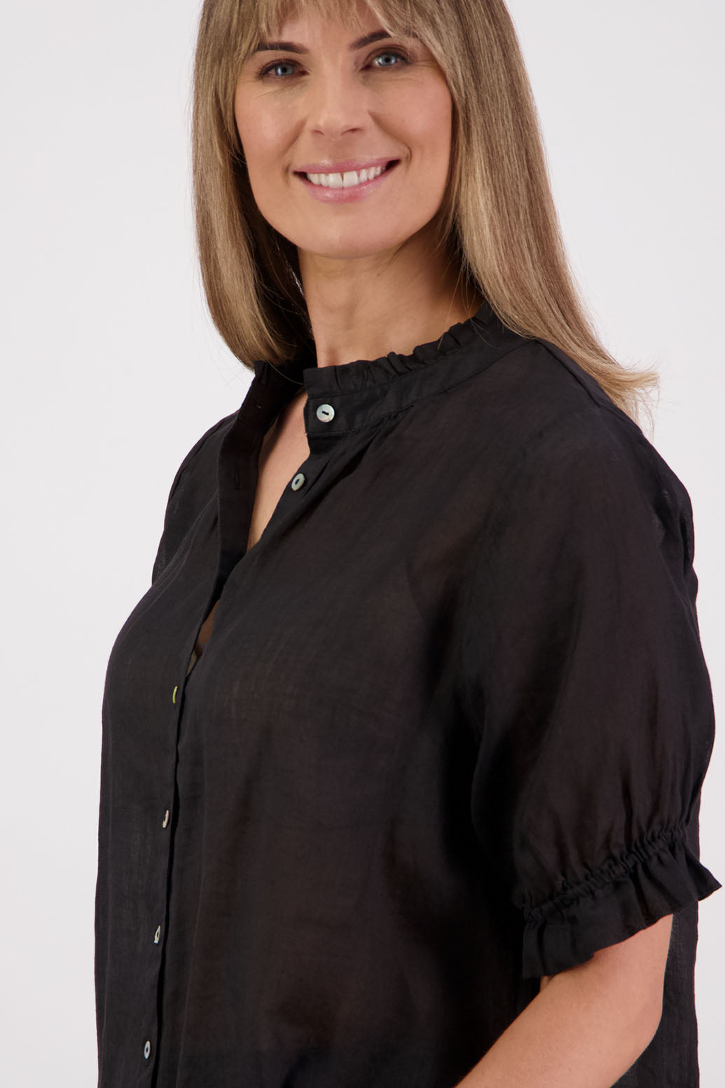 Womens Ramie Classic Short sleeves shirt with ruffles. Briarwood NZ. Pearly - Black