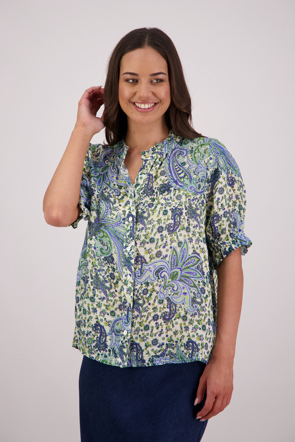 Briarwood Pearly Shirt in Blue Paisley print, 100% Ramie.