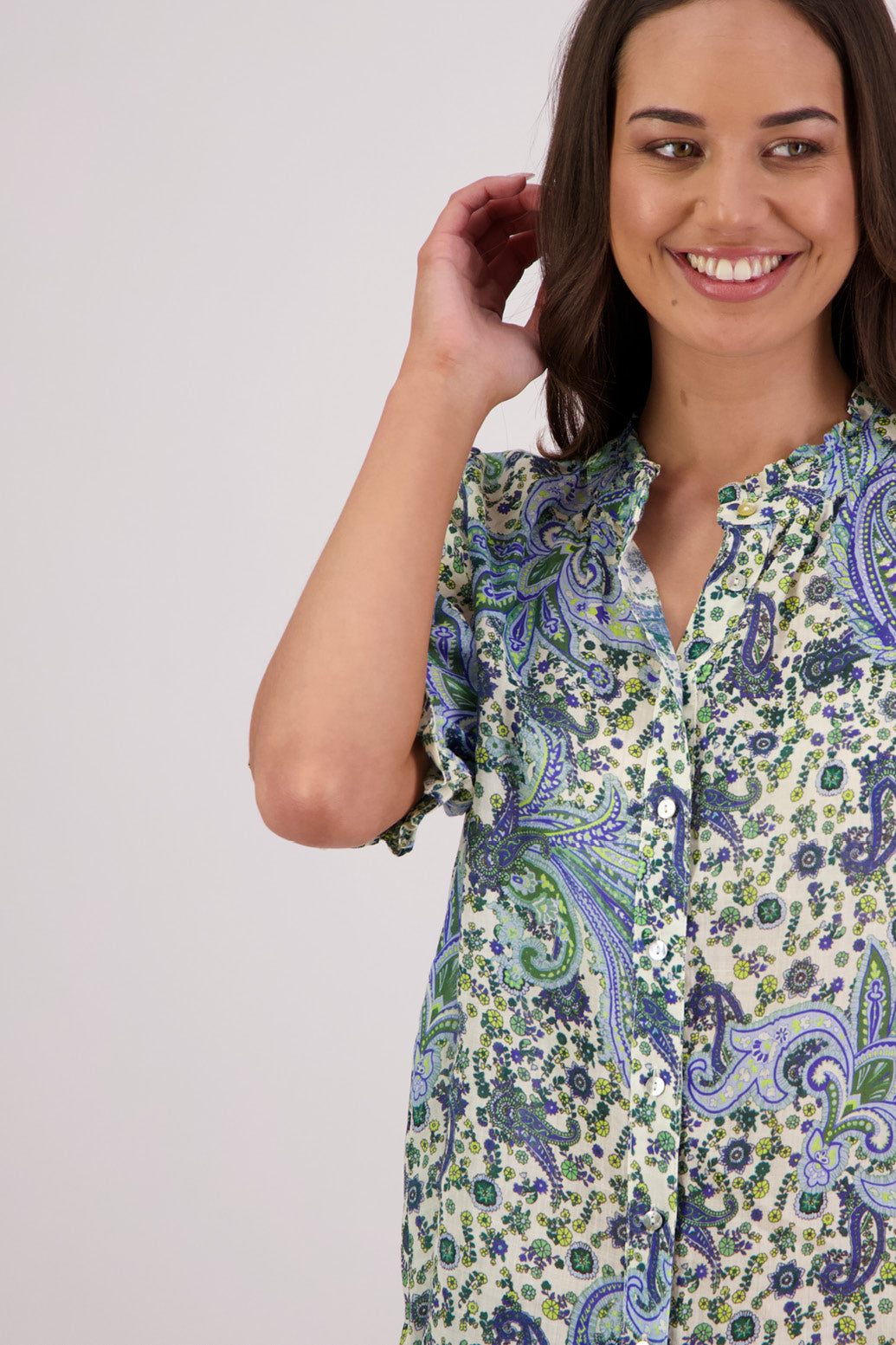Close up of front view of Briarwood Pearly Shirt in Blue Paisley print.