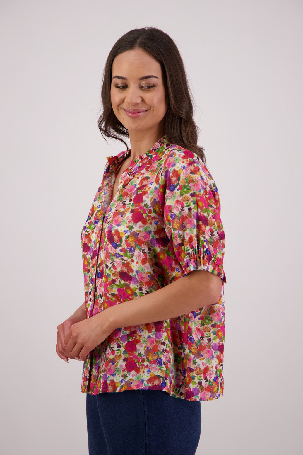 Side view of Briarwood Pearly Shirt in Bright Floral print.