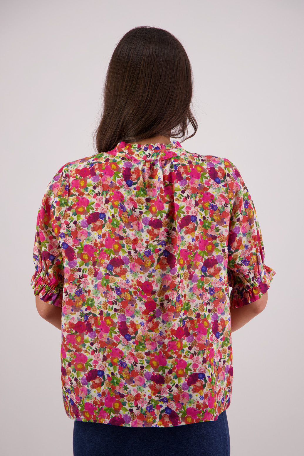 Back view of Briarwood Pearly Shirt in Bright Floral print.