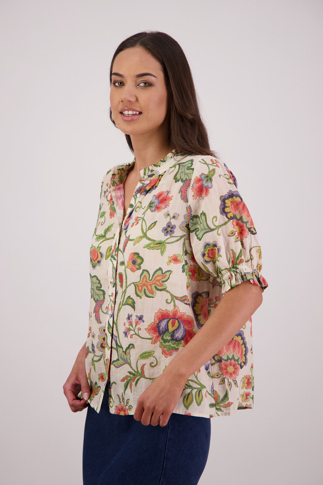 Side view of Briarwood Pearly Shirt in Jacobean print.