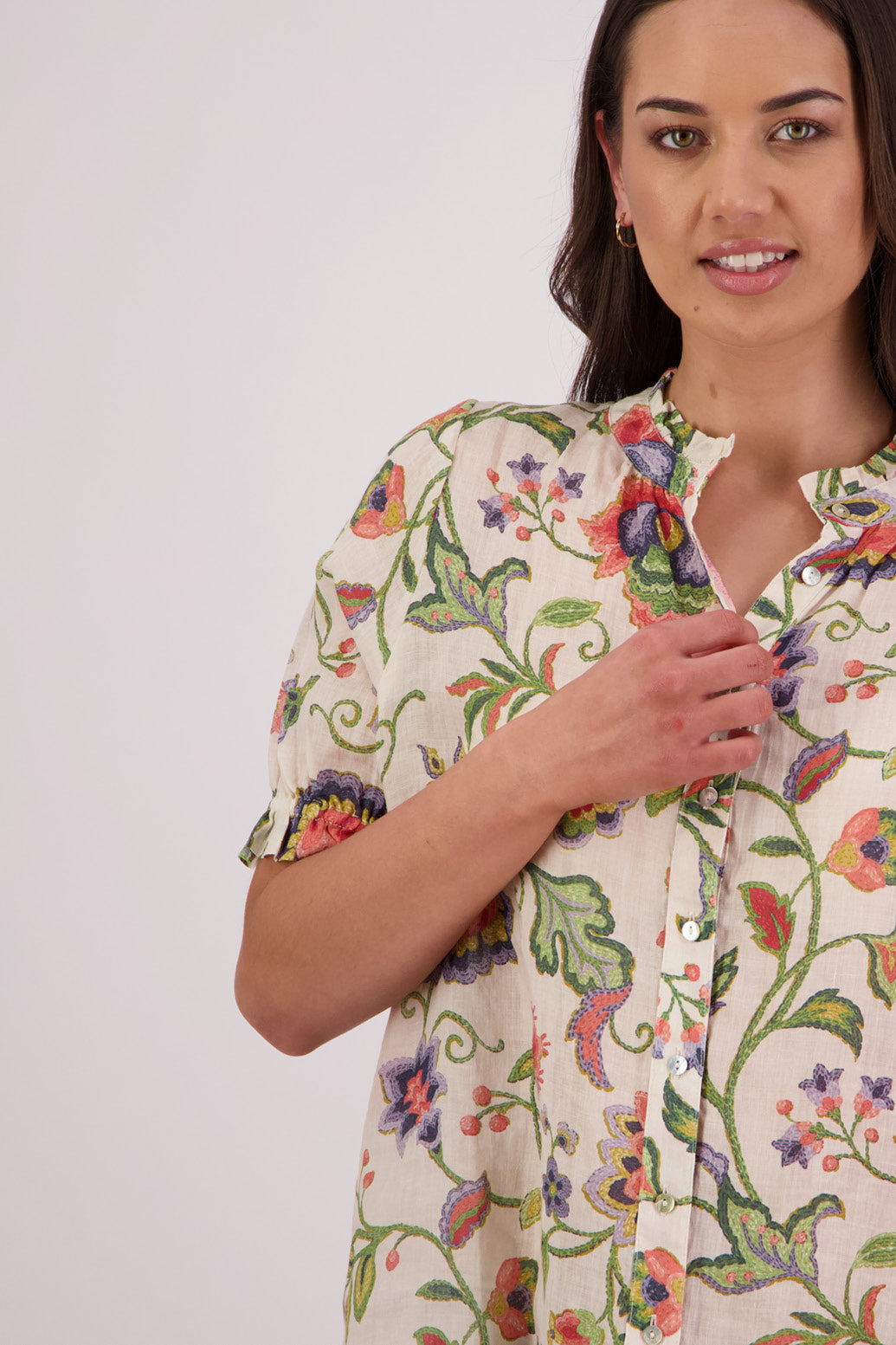 Close up of front view of Briarwood Pearly Shirt in Jacobean print.